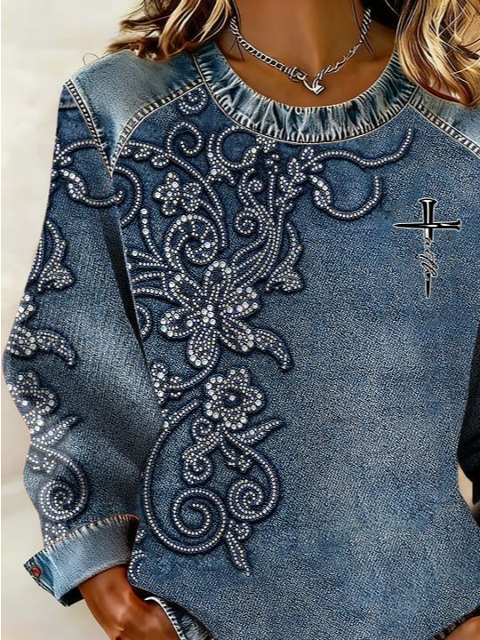 Women's Simulated Denim Print Patchwork Denim Crewneck Long-Sleeved Sweatshirt