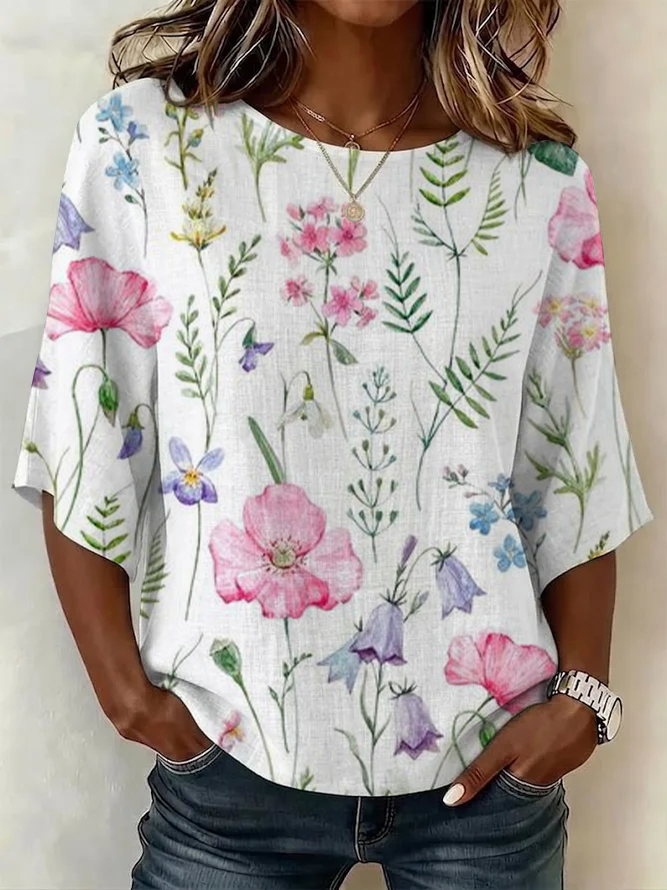 Women's Half Sleeve Blouse Summer White Floral Printing Crew Neck Daily Going Out Vintage Top