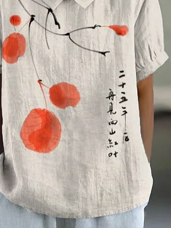 Elegant Linen Blend Floral Shawl Collar Shirt