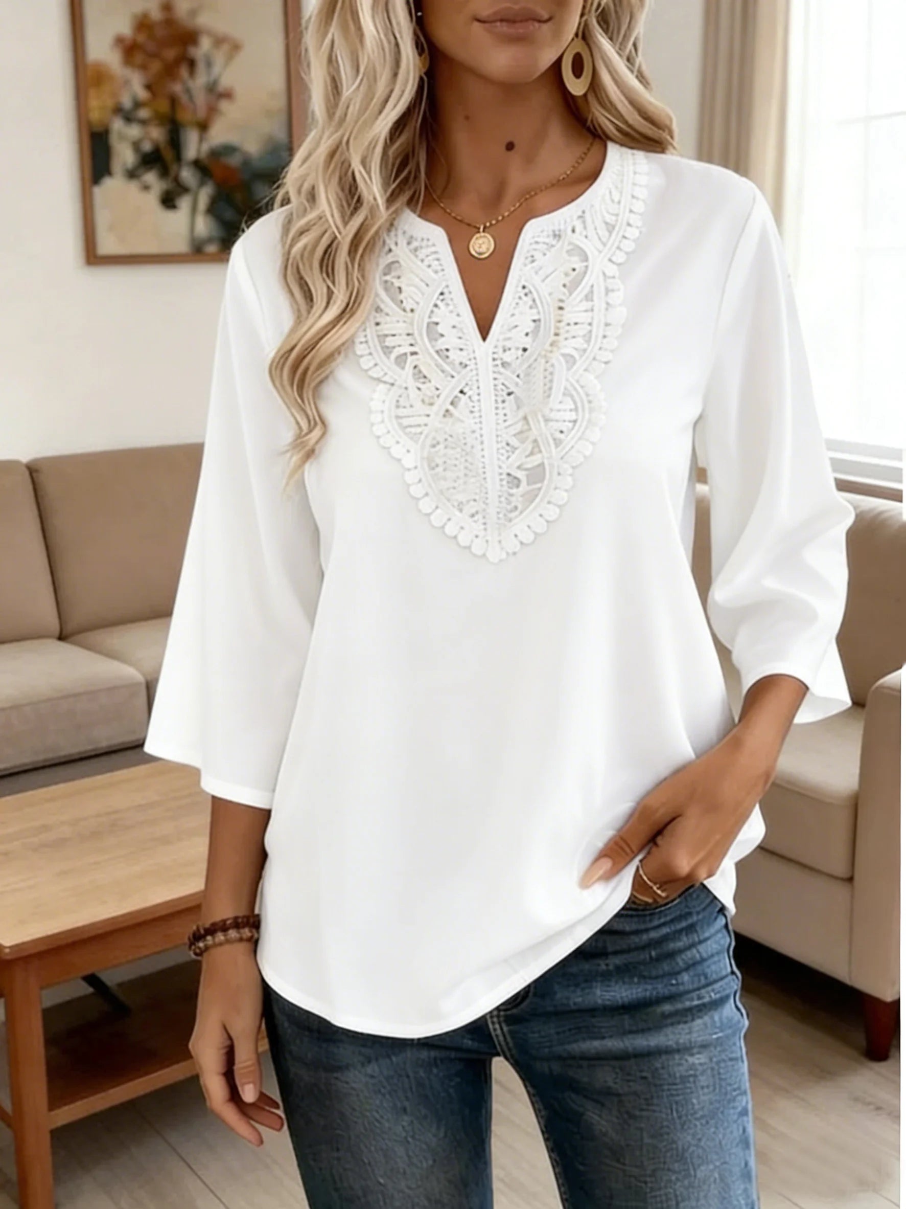 Loose Plain Lace Trim V Neck Casual Elegant Blouse
