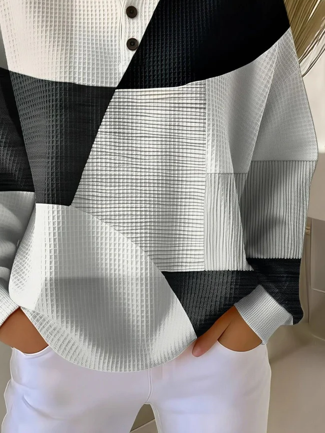 Women's Abstract Print Button-Up Casual Waffle Knit Sweatshirt