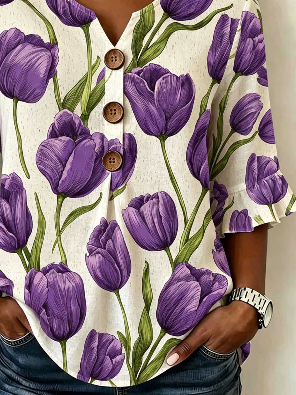 Women's Floral Half Ruffle Sleeve Blouse Summer V Neck Button Daily Going Out Vintage Top