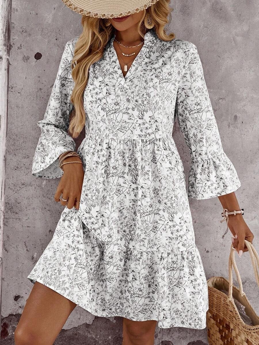 Elegant Floral V Neck 3/4 Sleeve Ruffle Tiered Mini Dress Casual Summer Flowy dress