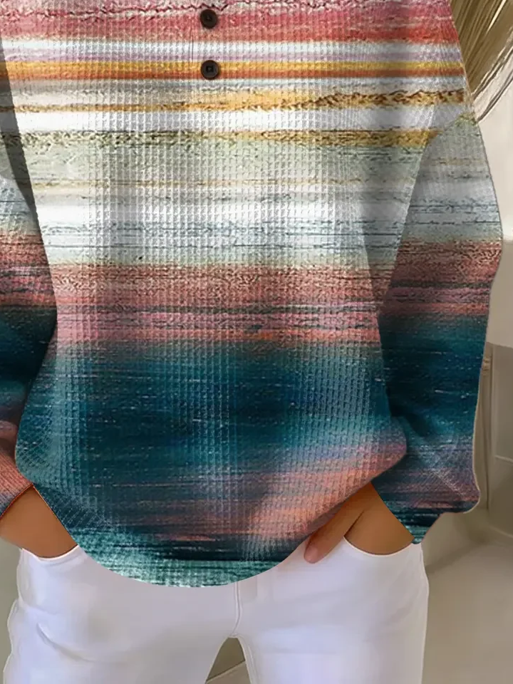 Women's Abstract Print Button-Up Casual Waffle Knit Sweatshirt