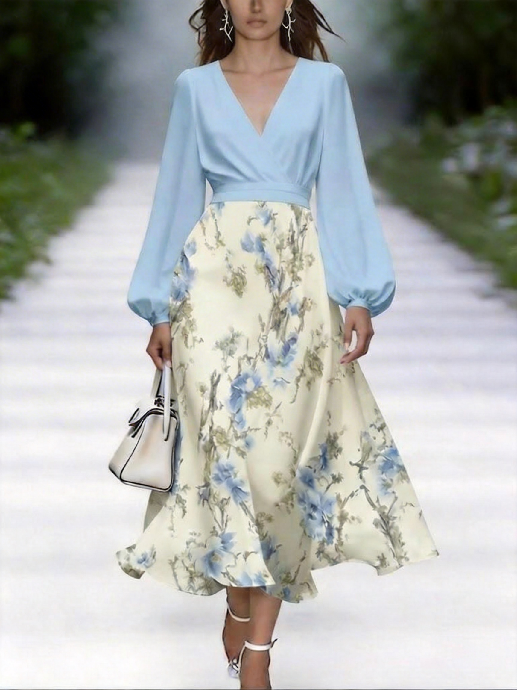 Regular Fit Elegant Floral V Neck Dress With No