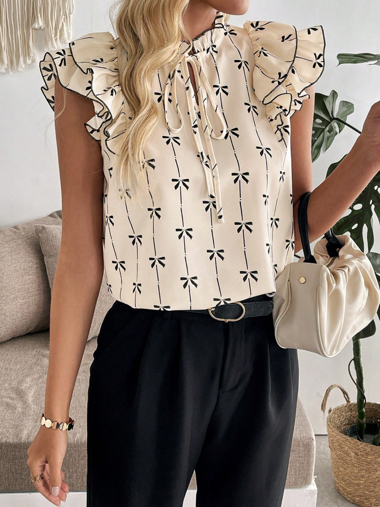 Elegant Bow Print Ruffle Drawstring Regular Fit 3D Printing Crew Neck Going Out Casual Blouse