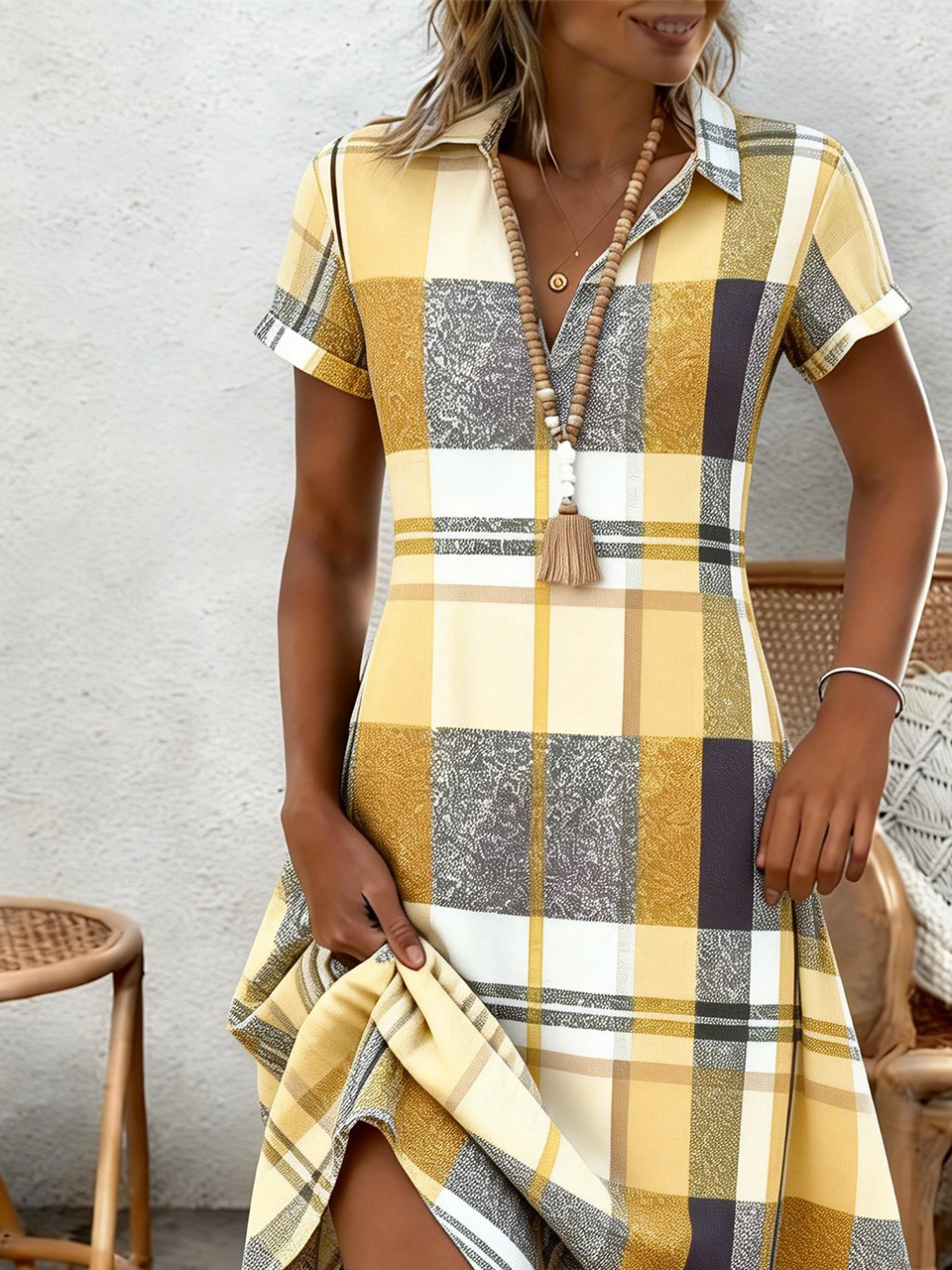 Elegant Shawl Collar Loose Plaid Shirt Dress With No