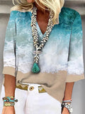 Plus Size Loose V neck 3/4 Sleeve Vacation Shirt