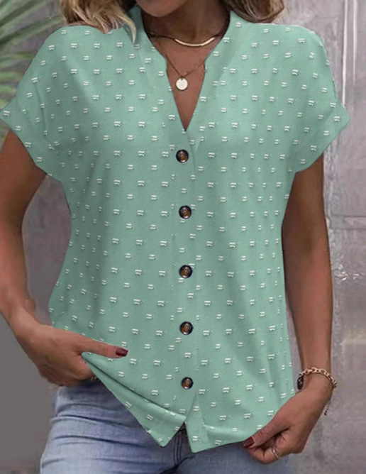 Elegant Short Sleeve V Neck Button Cause Blouse