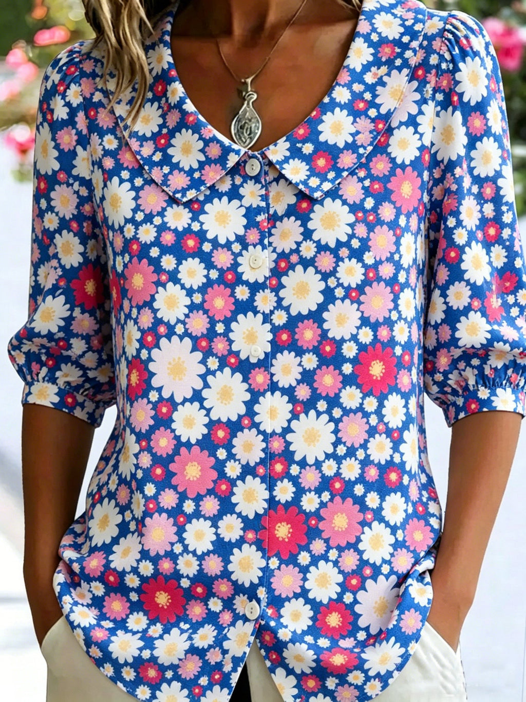 3D Printing Linen Blend Floral Shawl Collar Button Loose Casual Shirt