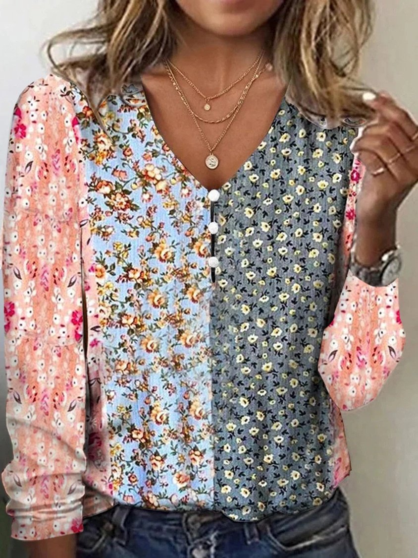 Women's Long Sleeve T-shirt Spring/Fall Red Geometric Printing V Neck Daily Going Out Vintage Top