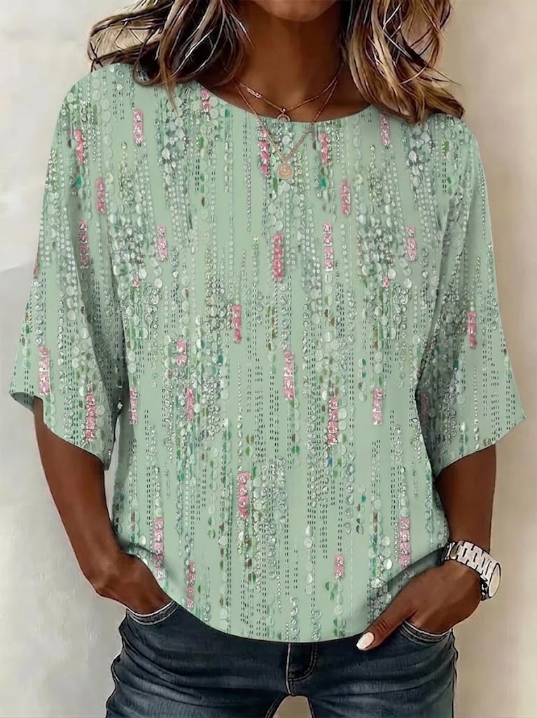 Women's Half Sleeve Blouse Summer Green Abstract Printing Crew Neck Daily Going Out Vintage Top
