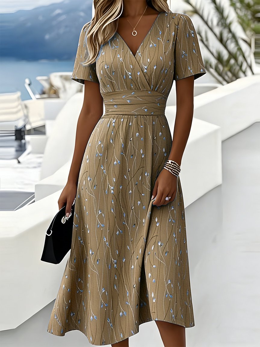 Women Leaf Summer Dress V Neck Short Sleeve Beach Dress A-Line Dress
