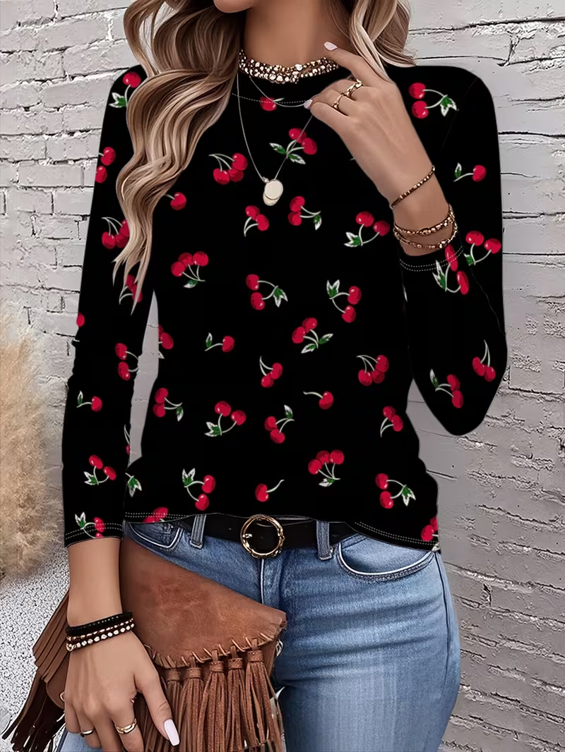 Women's Long Sleeve T-shirt Spring/Fall Black Fruit Printing Jersey Crew Neck Daily Going Out Casual Top