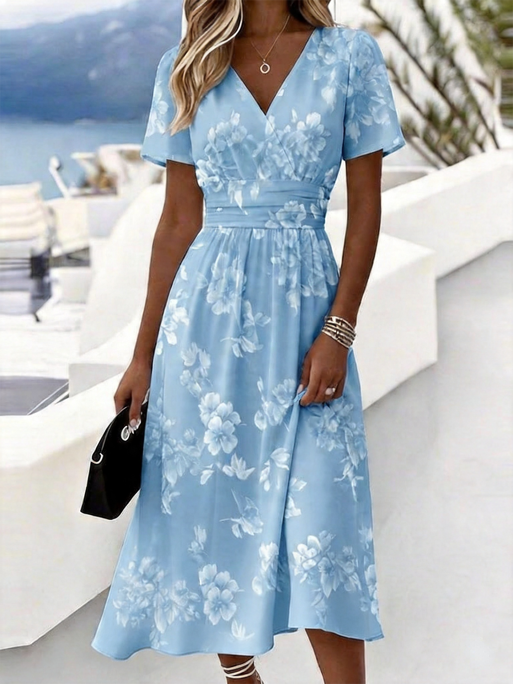 Women’s Light Blue Floral Print Wrap V Neck Midi Dress Boho Summer Dress