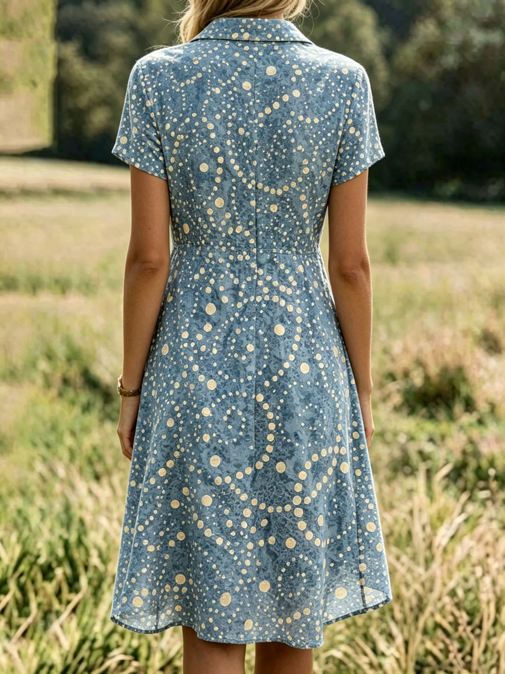 Shirt Collar Blue Polka Dots Vacation Regular Fit Dress With No