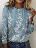 Women's Long Sleeve T-shirt Spring/Fall Blue Floral Printing Jersey Crew Neck Daily Going Out Casual Top
