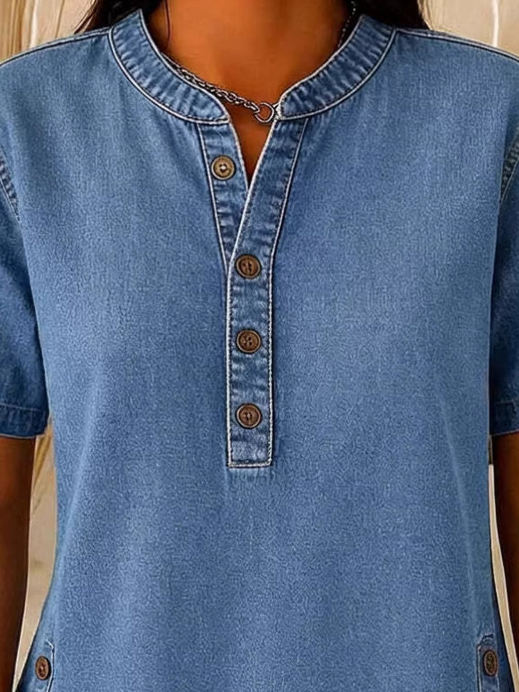 Plain Denim Look/Denim Effect Crew Neck Button Short Sleeve Spring/Summer Going Out Casual Blouse