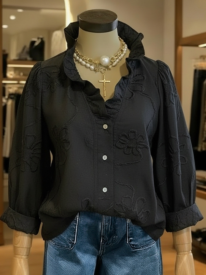 Women Elegant Ruffle Embroidery Patterns Floral The Quarter Sleeve V Neck Spring Summer Going Out Casual Blouse