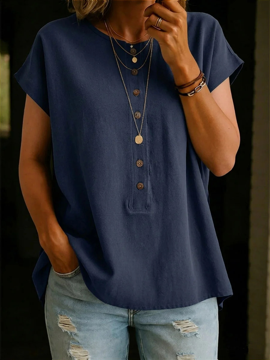 Plain Round Neck Short Sleeve Button Spring Summer Casual Blouse