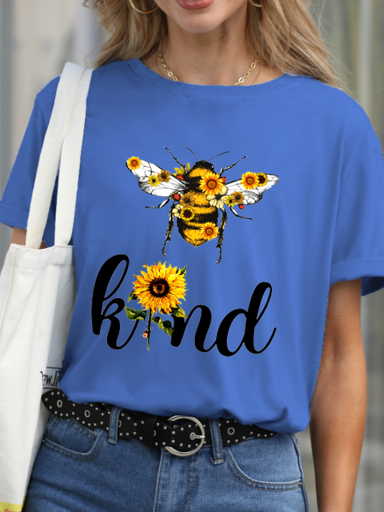 Casual Funny Bee Kind Print Crew Neck T-shirt