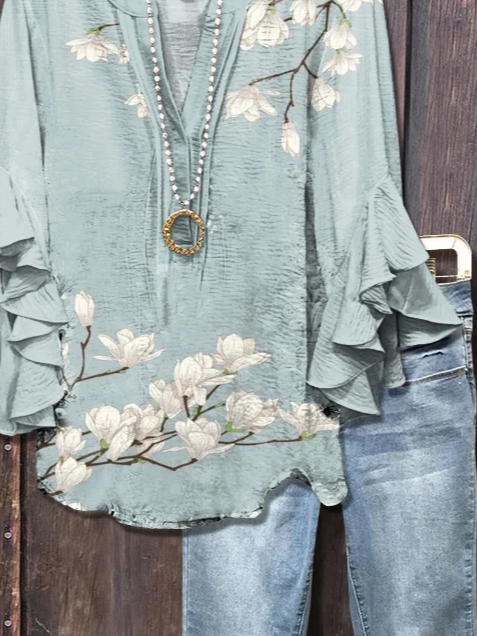 Women's Half Sleeve Shirt Summer Blue Floral Printing V Neck Daily Going Out Casual Top