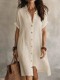 Cotton Linen Plain Shawl Collar Short Sleeve Button Summer Going Out Casual Shirt Dress