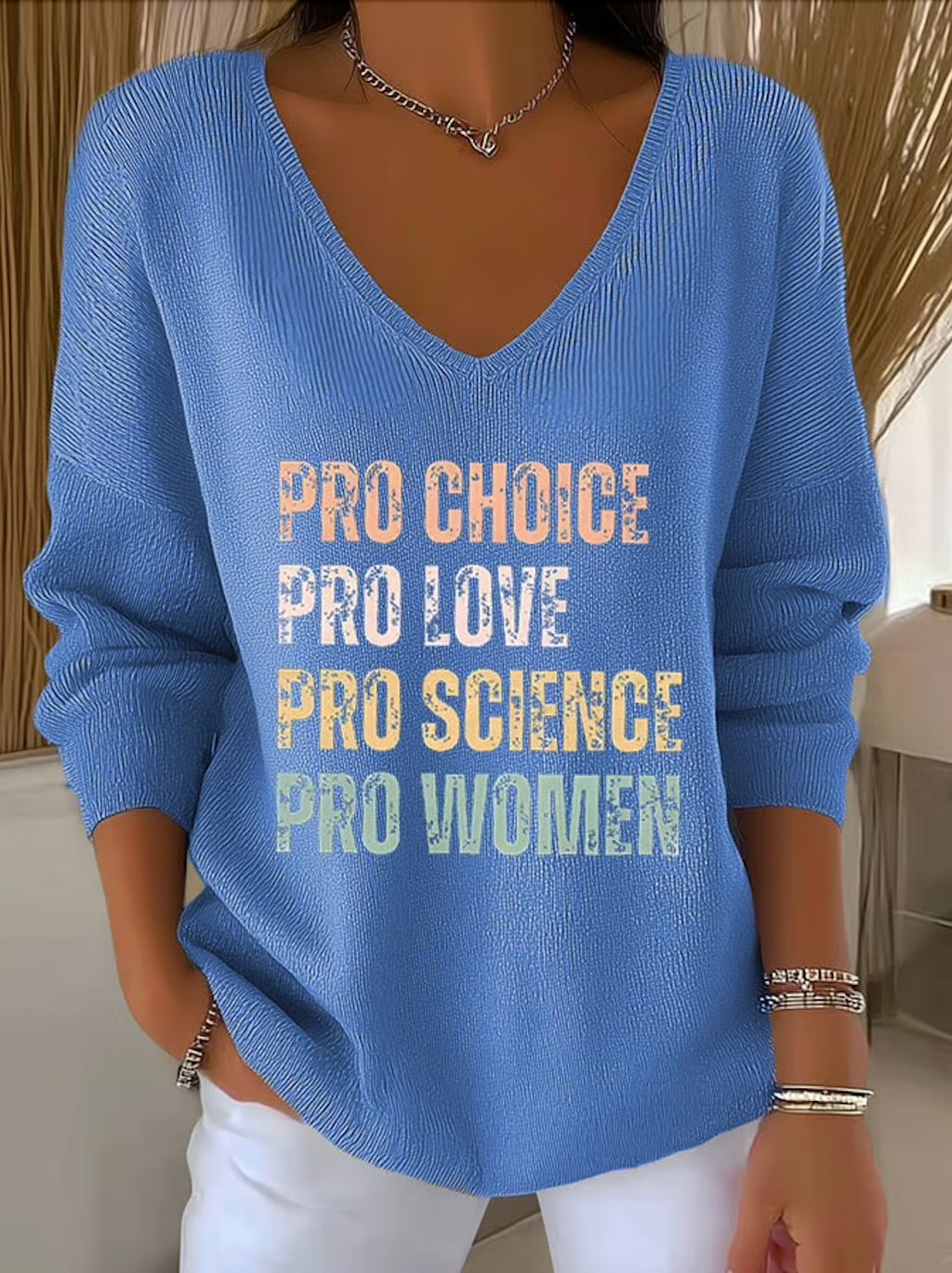 Casual Cotton V Neck Text Letters Sweater