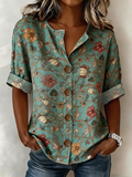 Women's Long Sleeve Shirt Spring/Fall Green Floral Buckle Stand Collar Daily Going Out Casual Top