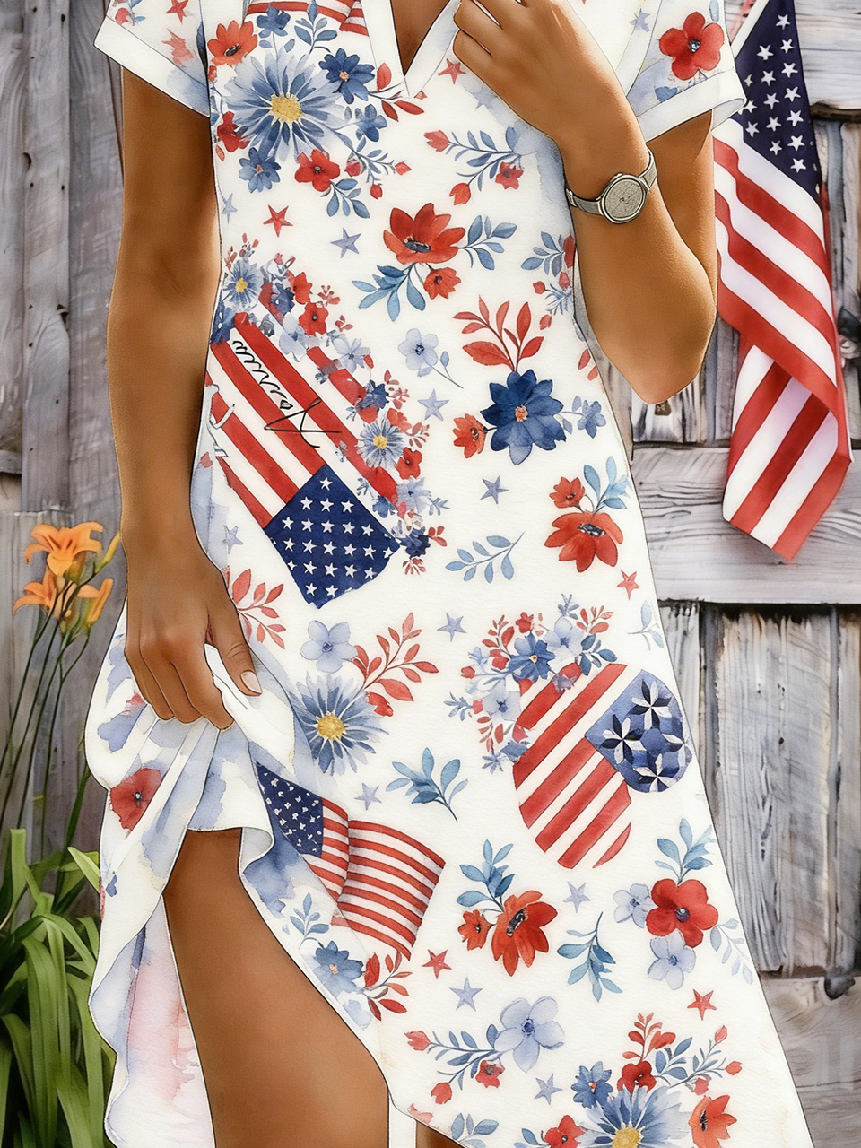 Elegant Independence Day Loose Shawl Collar Shirt Dress With No