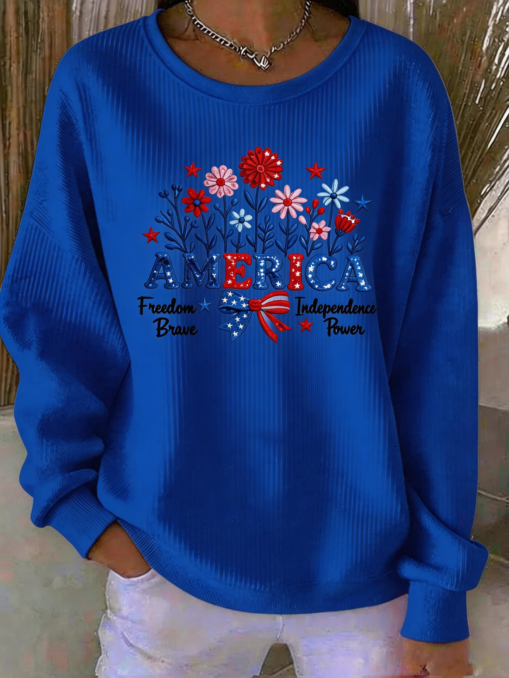 Patriotic Floral 'AMERICA' Ribbed Sweatshirt