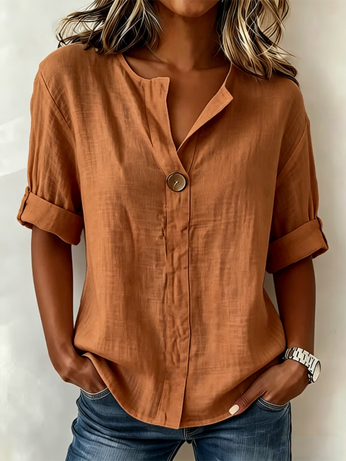 Solid White Henley Neck Button Front Short Sleeve Blouse