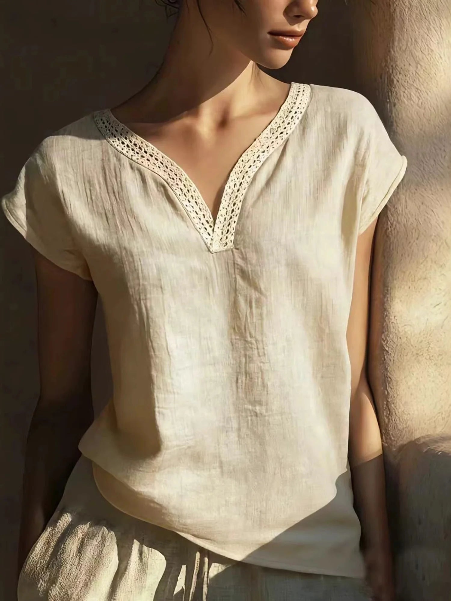 Cotton And Linen Casual Plain V Neck Blouse