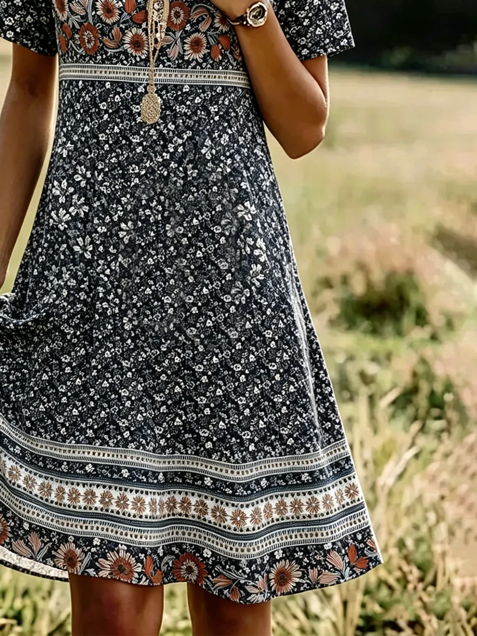 Women's Vintage Floral V-Neck Short-Sleeve Dress