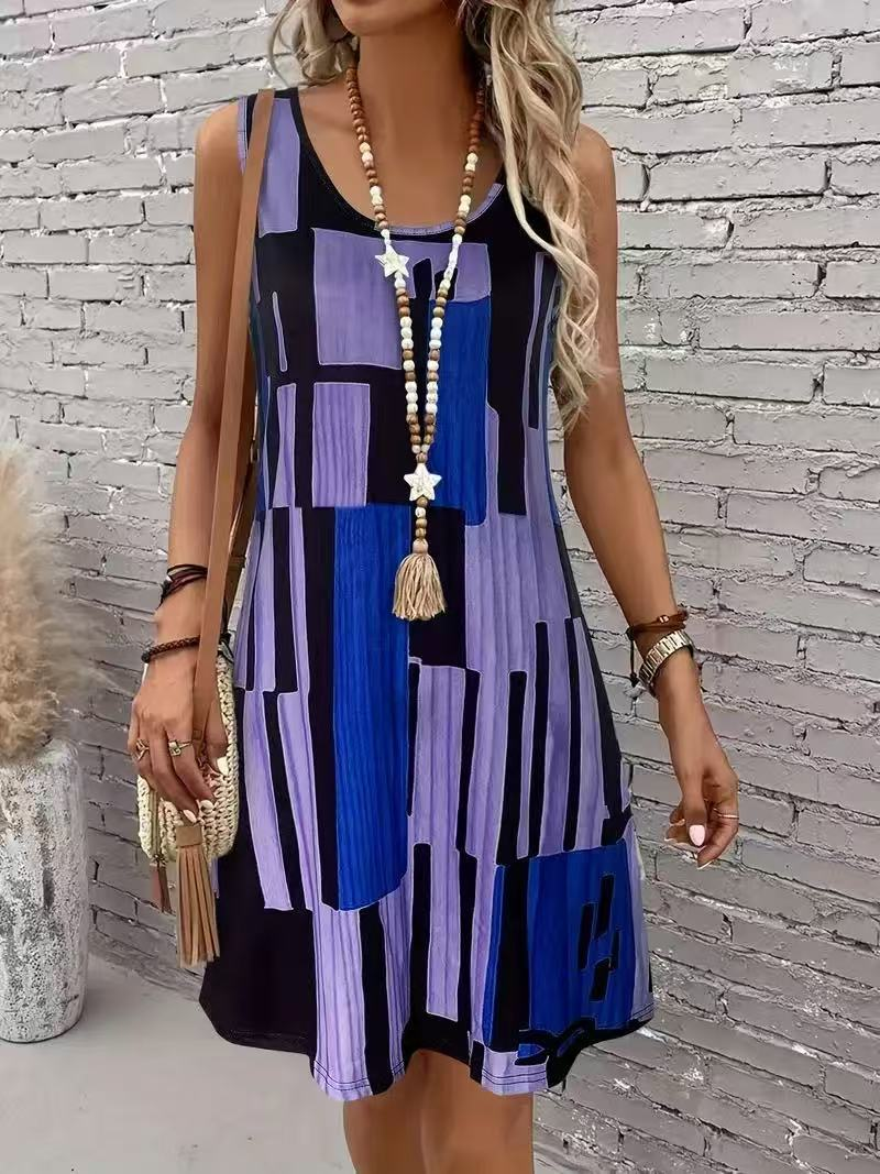 Abstract Print Crew Neck Sleeveless Going Out Casual Dress
