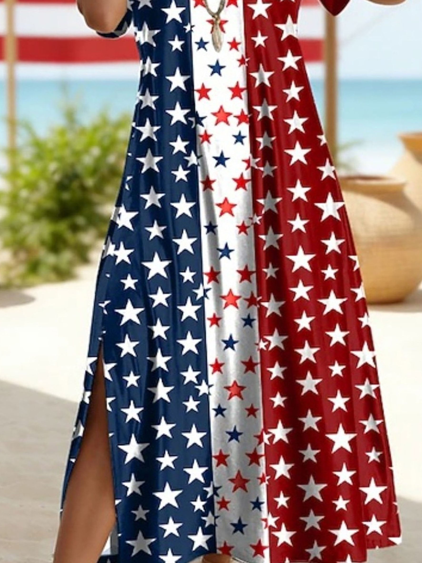 Women's Short Sleeve Summer As Picture Color Block Star Printed Independence Day V Neck Short Sleeve Daily Going Out Casual Maxi A-Line T-Shirt Dress 250th Anniversary