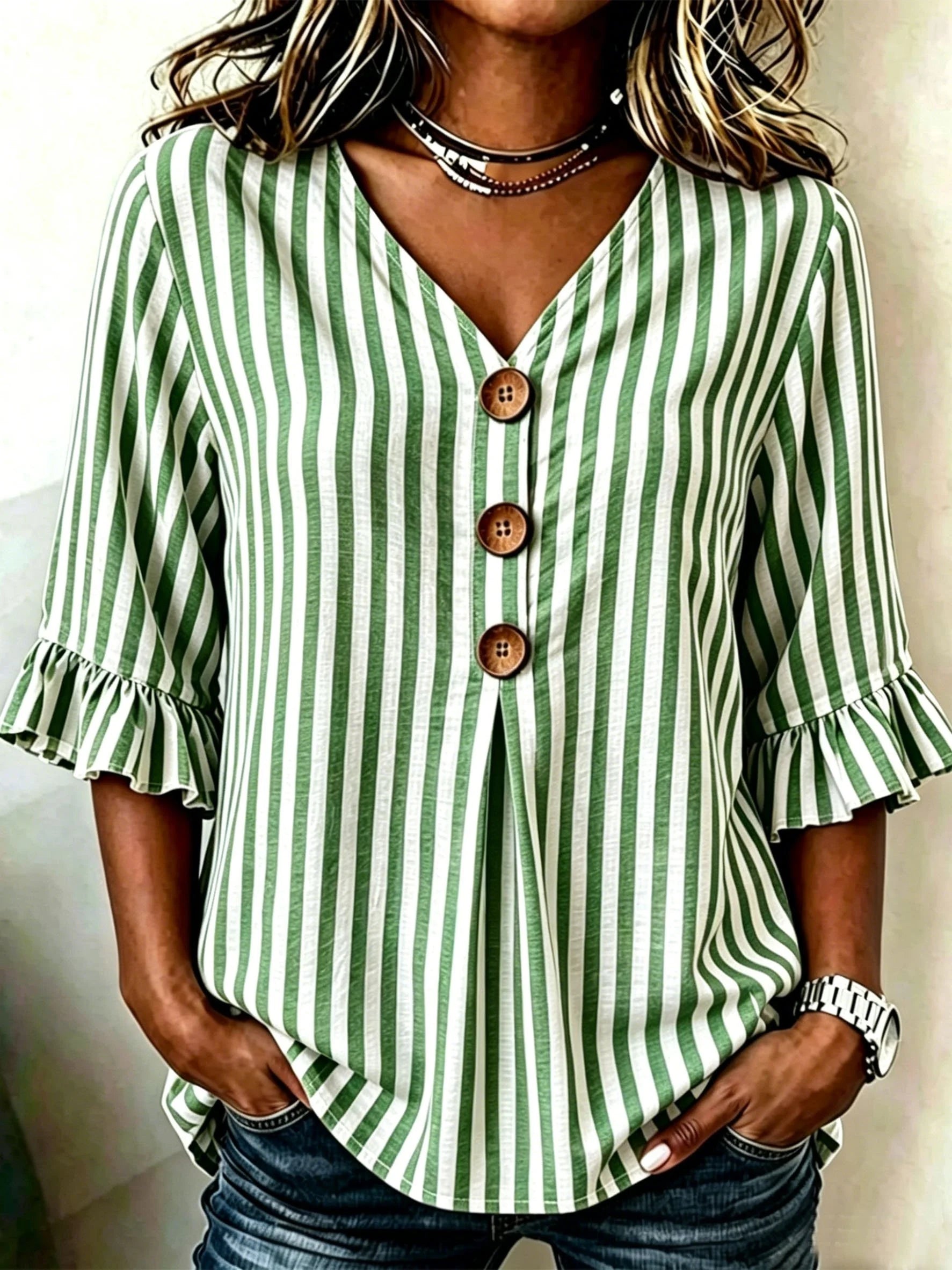 Blue Striped V Neck Ruffle Short Sleeve Button Daily Going Out Casual Blouse