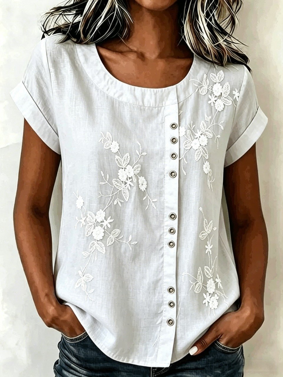 Women's 3D Floral Print Blouse Casual Short Sleeve Crew Neck Loose Button Down Shirt