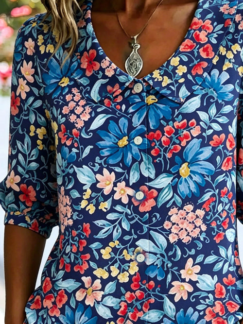 3D Printing Linen Blend Colorful Floral Shawl Collar Button Loose Casual Shirt