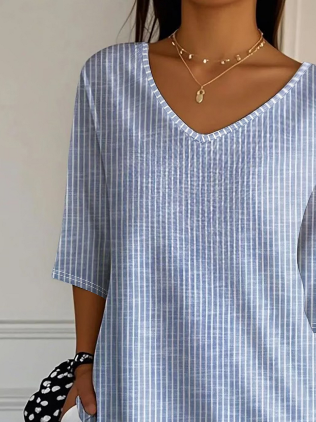 Women's Three Quarter Sleeve T-shirt Spring/Fall Blue Striped Printing V Neck Daily Going Out Casual Top