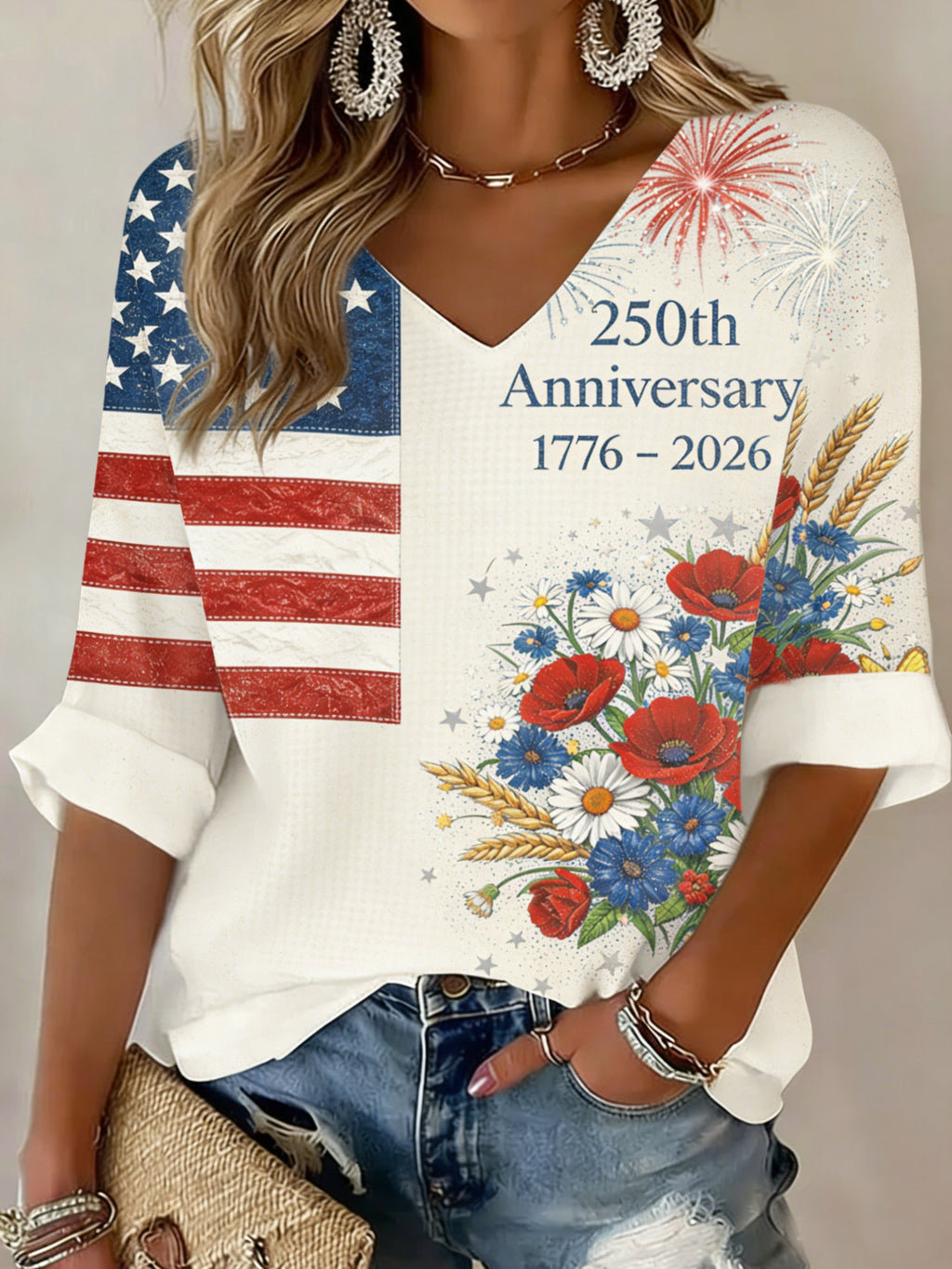 3D Printing V Neck America Flag Floral 250th Anniversary Spring Summer Casual T-Shirt