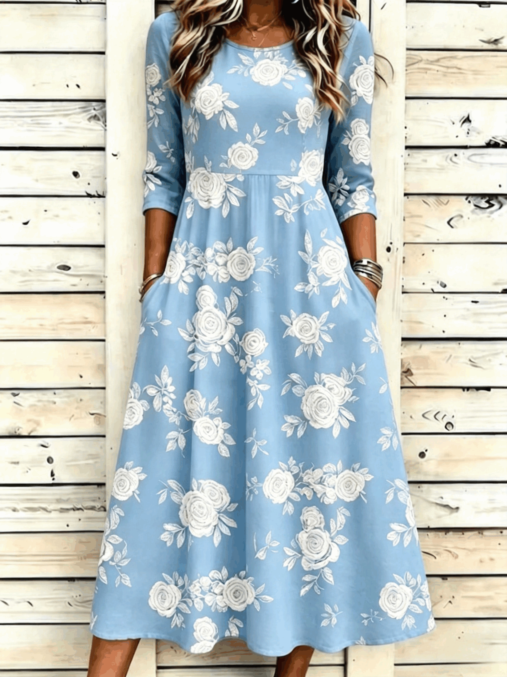Floral Crew Neck Regular Fit Casual Dress With No