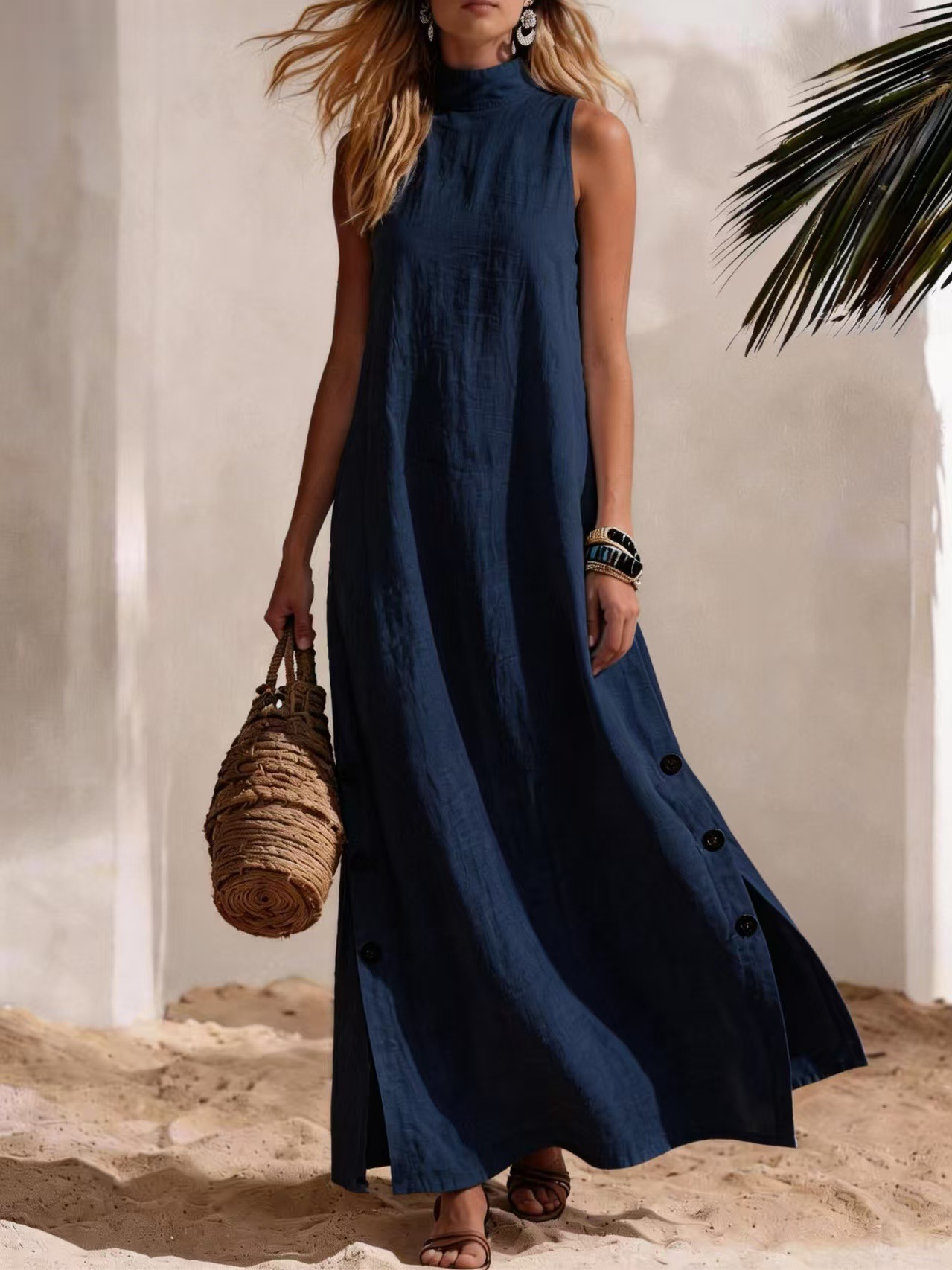 Casual Color Block Buttoned Mock Neck Maxi Dress