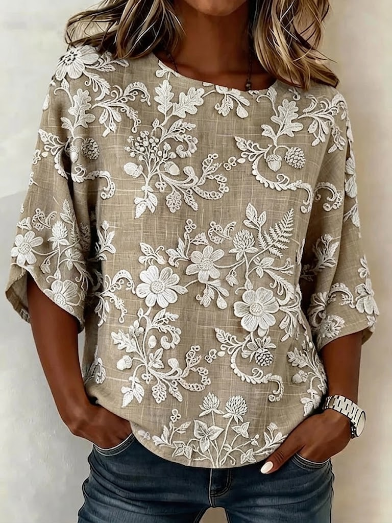 Women's Half Sleeve Blouse Summer Khaki Floral Printing Crew Neck Daily Going Out Vintage Top