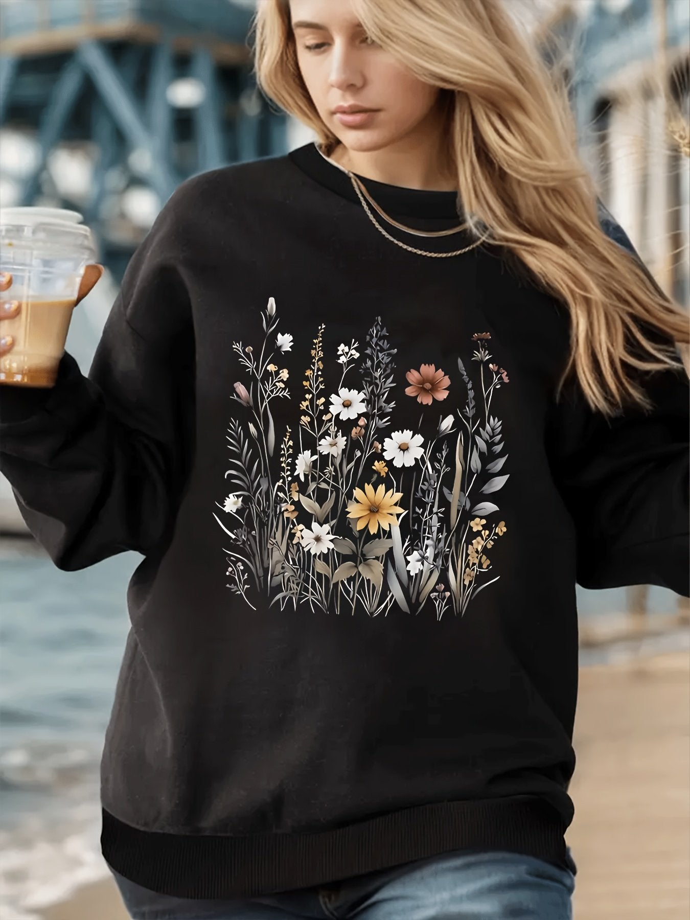 Women's Casual Floral Print Crew Neck Sweater