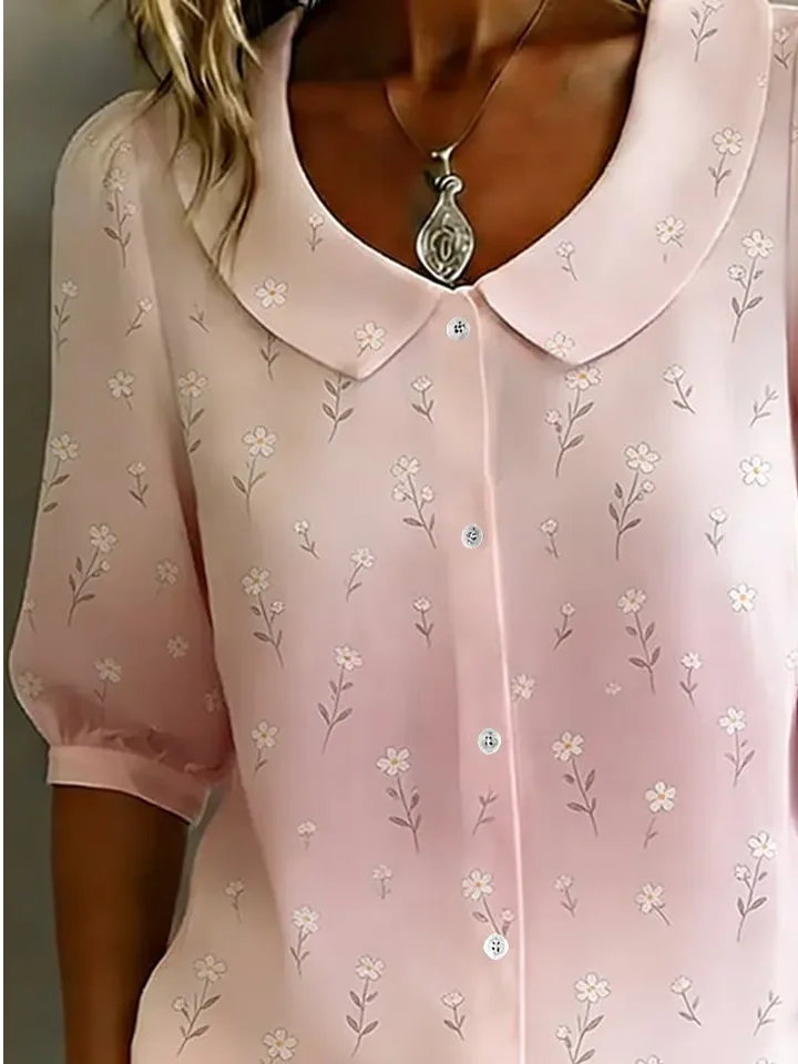 Women's Half Sleeve Shirt Summer Pink Floral Printing Shawl Collar Daily Going Out Casual Top