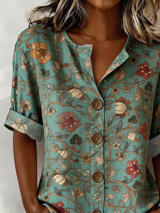Women's Long Sleeve Shirt Spring/Fall Green Floral Buckle Stand Collar Daily Going Out Casual Top