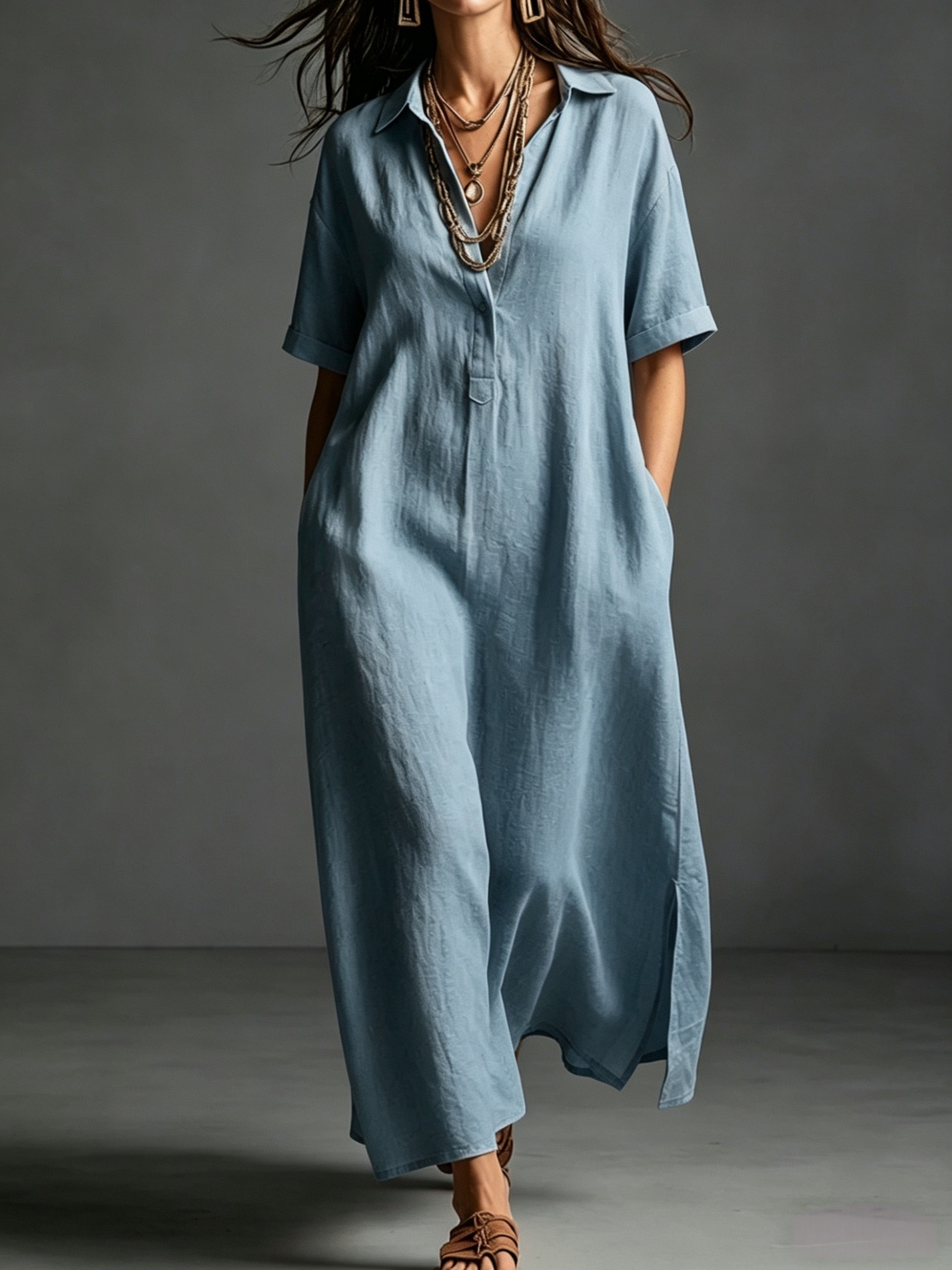 Casual Plain Shirt Collar Midi Dress