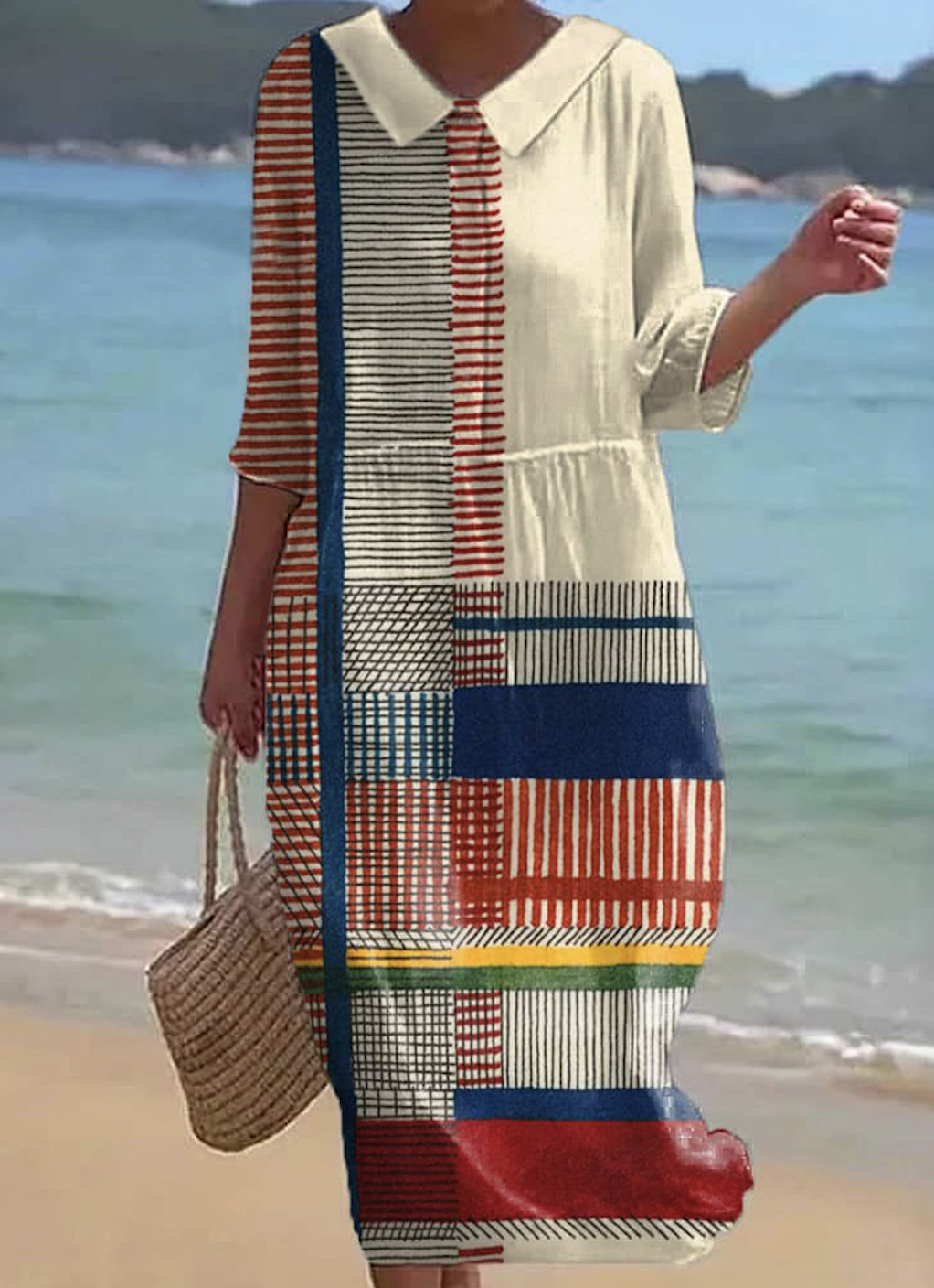 Cotton Casual Geometric Dress With No Belt