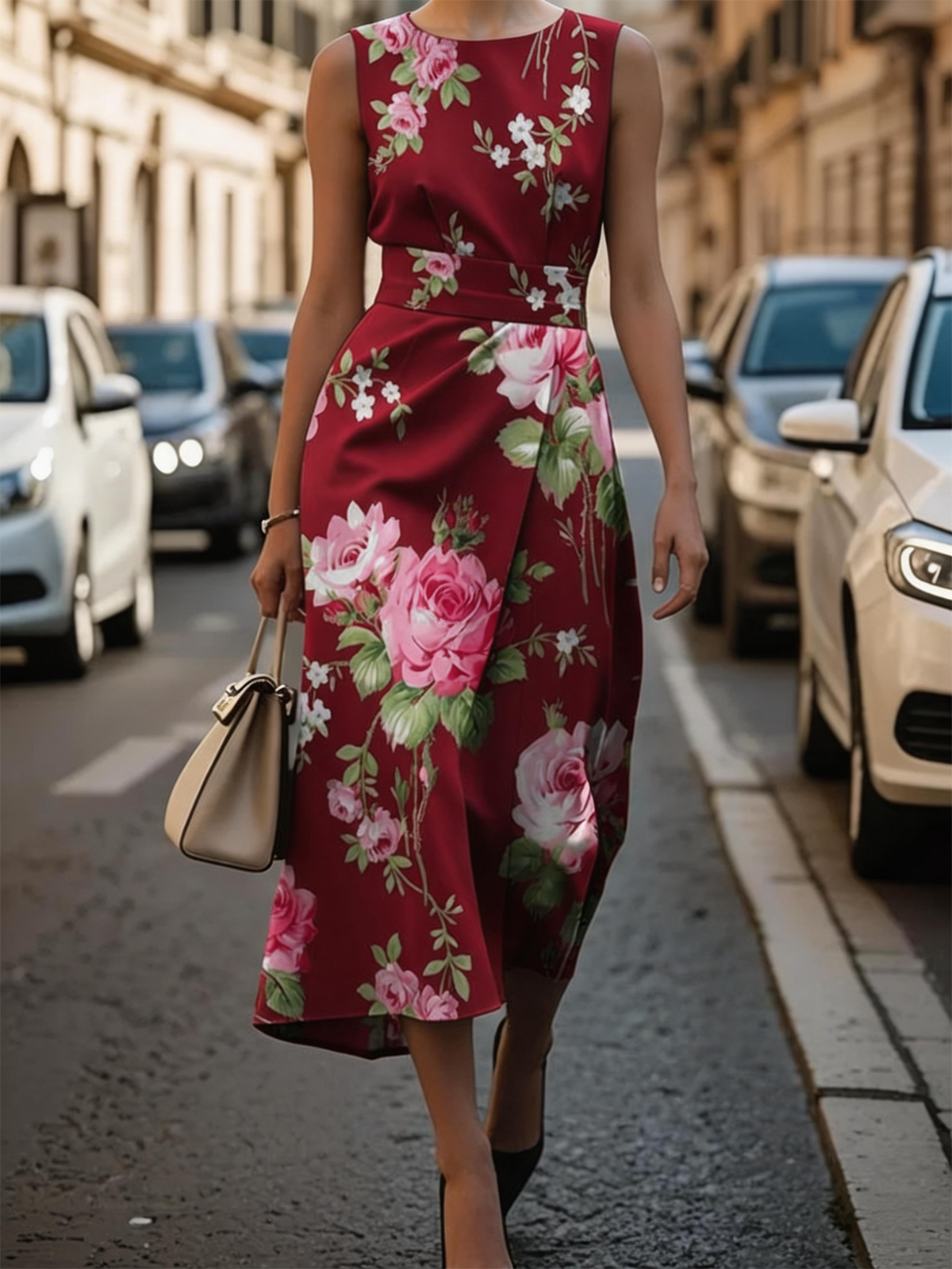 Pink Floral Sleeveless Midi Dress A-Line Wedding Guest Cocktail Dress